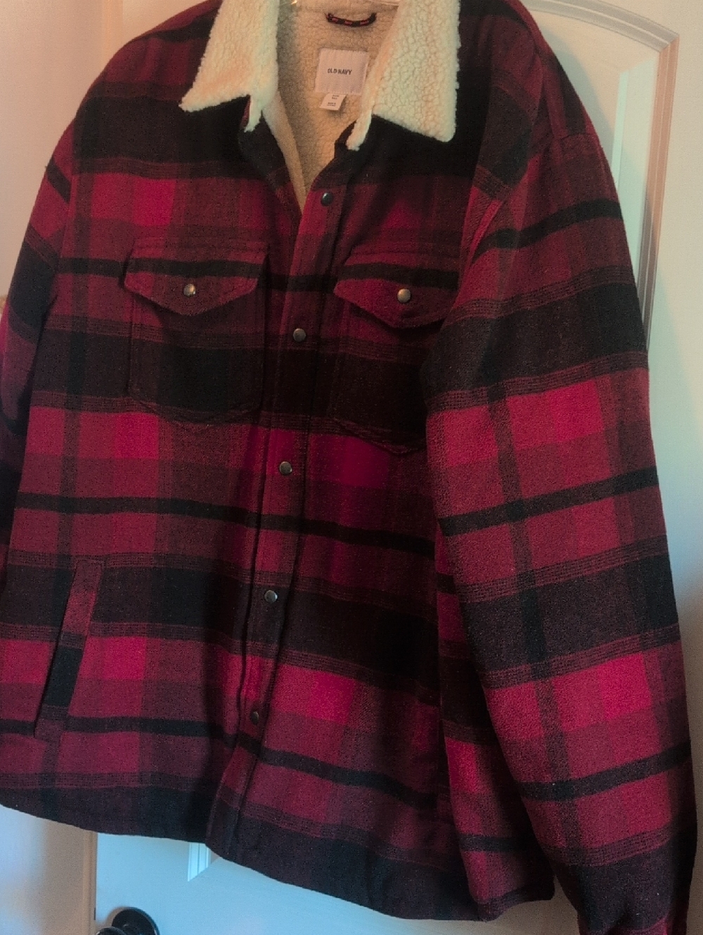 Old Navy Red and Black Plaid Sherpa-Lined Shirt Jacket
